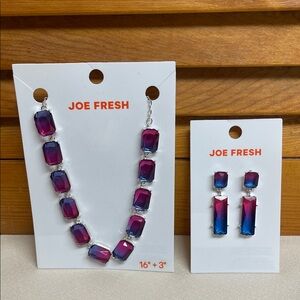 Joe Fresh Pink to Blue Ombre Crystal Necklace & Drop Earrings